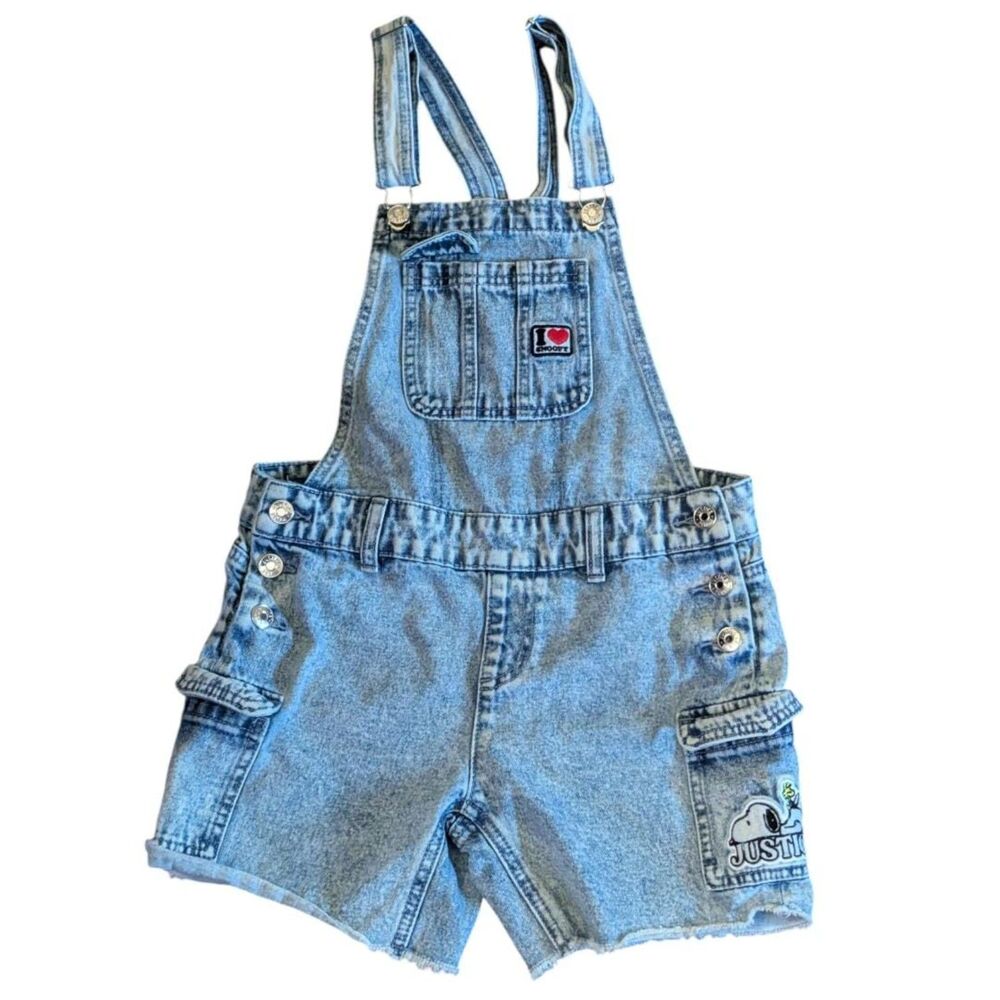 Justice Snoopy Girls Size 12 Light Wash Denim Overall Shorts